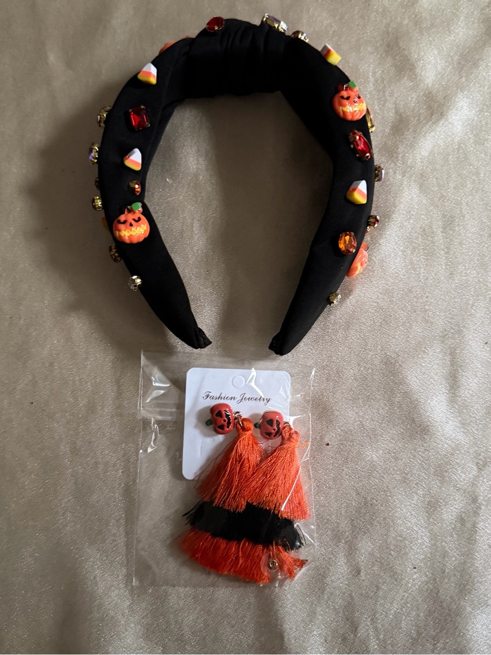 Halloween Black Knotted Headband w/ festive Rhinestones Tassel Earrings Set New
